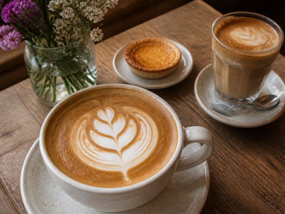 Cafe table with lattes and a pastry