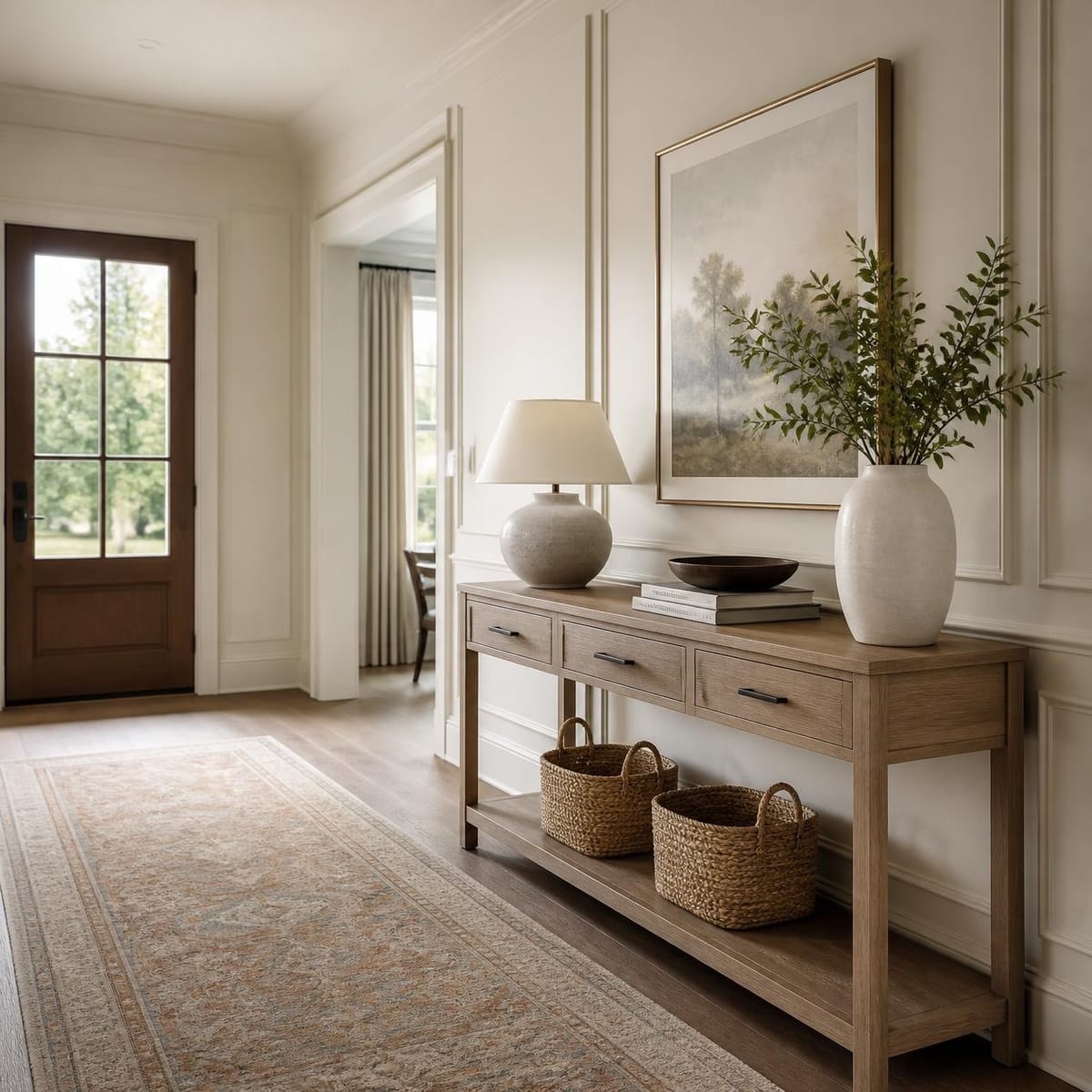 Foyer with a wood console, runner, and glass-paneled front door