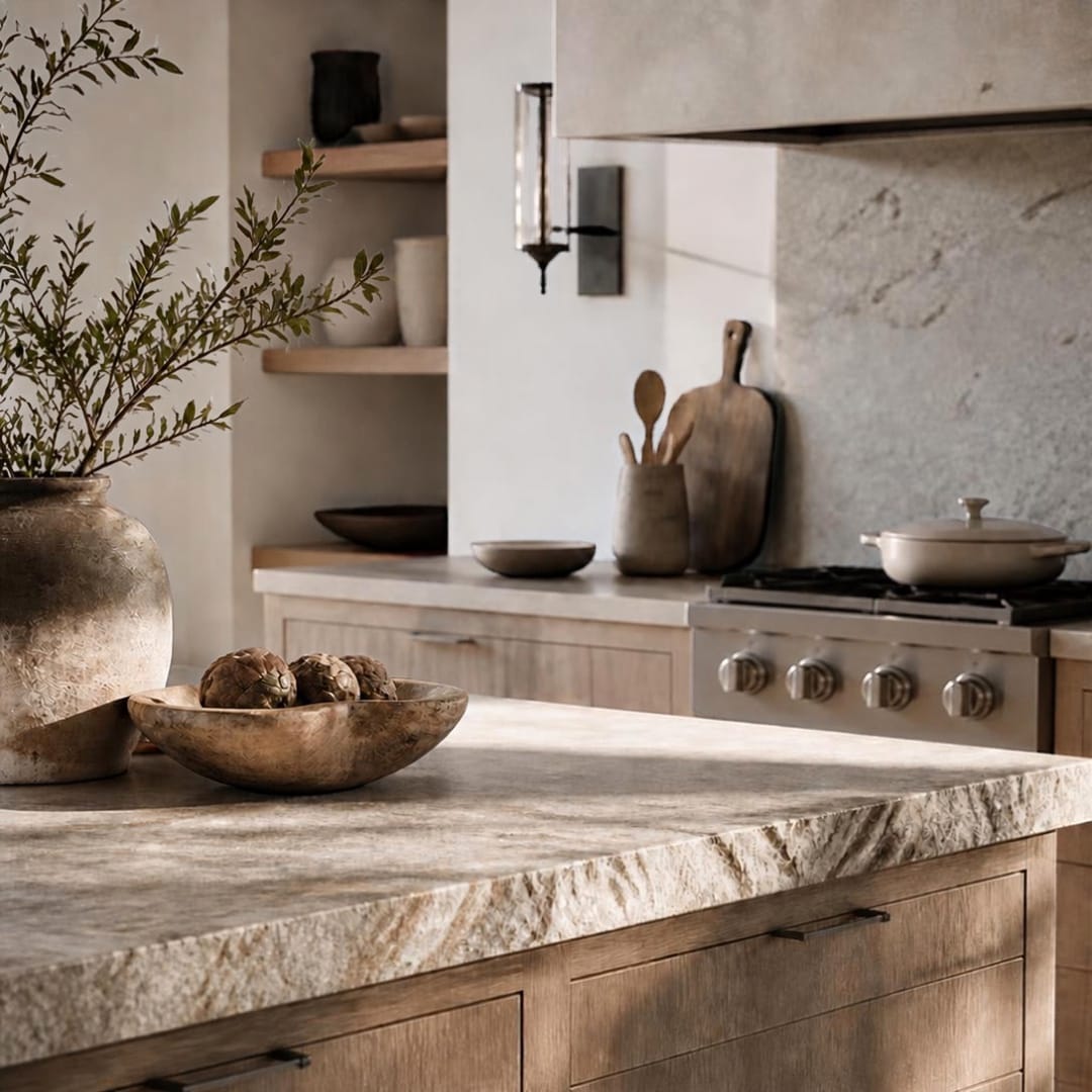 Warm modern kitchen with a textured stone island, light wood cabinets, and a ceramic vase of greenery