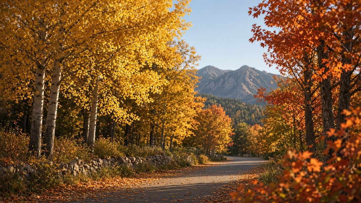 Autumn trees along a path with foothills in the distance
